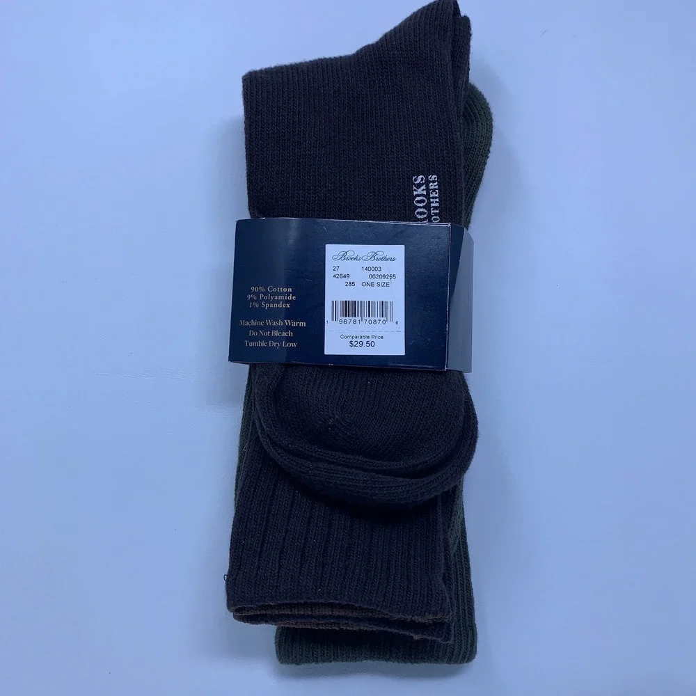 Brooks Brothers Mens One Size Brown Green Ribbed Cotton Blend Dress Socks 2-Pack